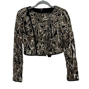 Privy Womens Sequin Jacket Collarless Asymmetric Zip Long Sleeve Gold Black Sz S